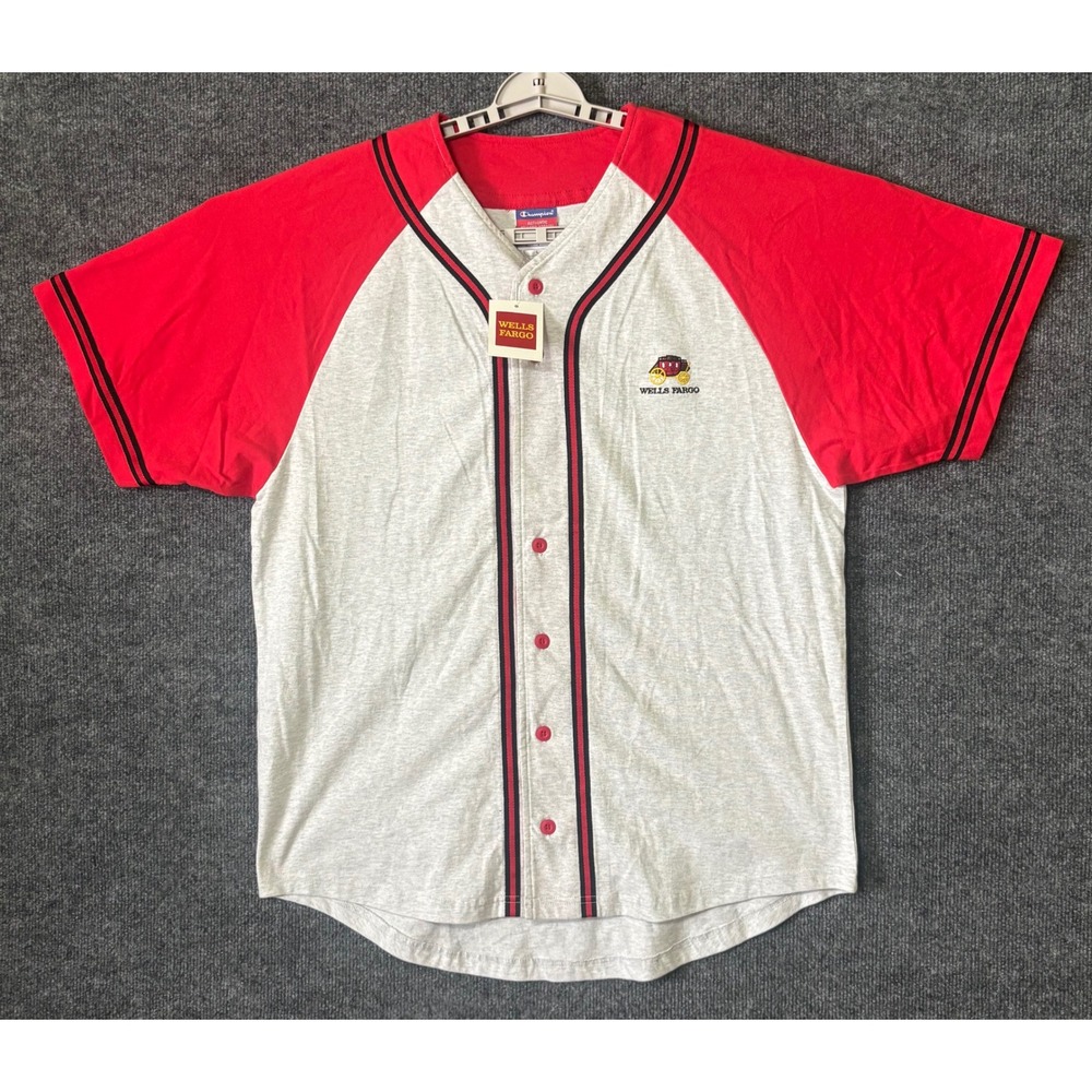 Champion Wells Fargo Baseball Jersey Mens Large Gray Red Button Front Raglan L